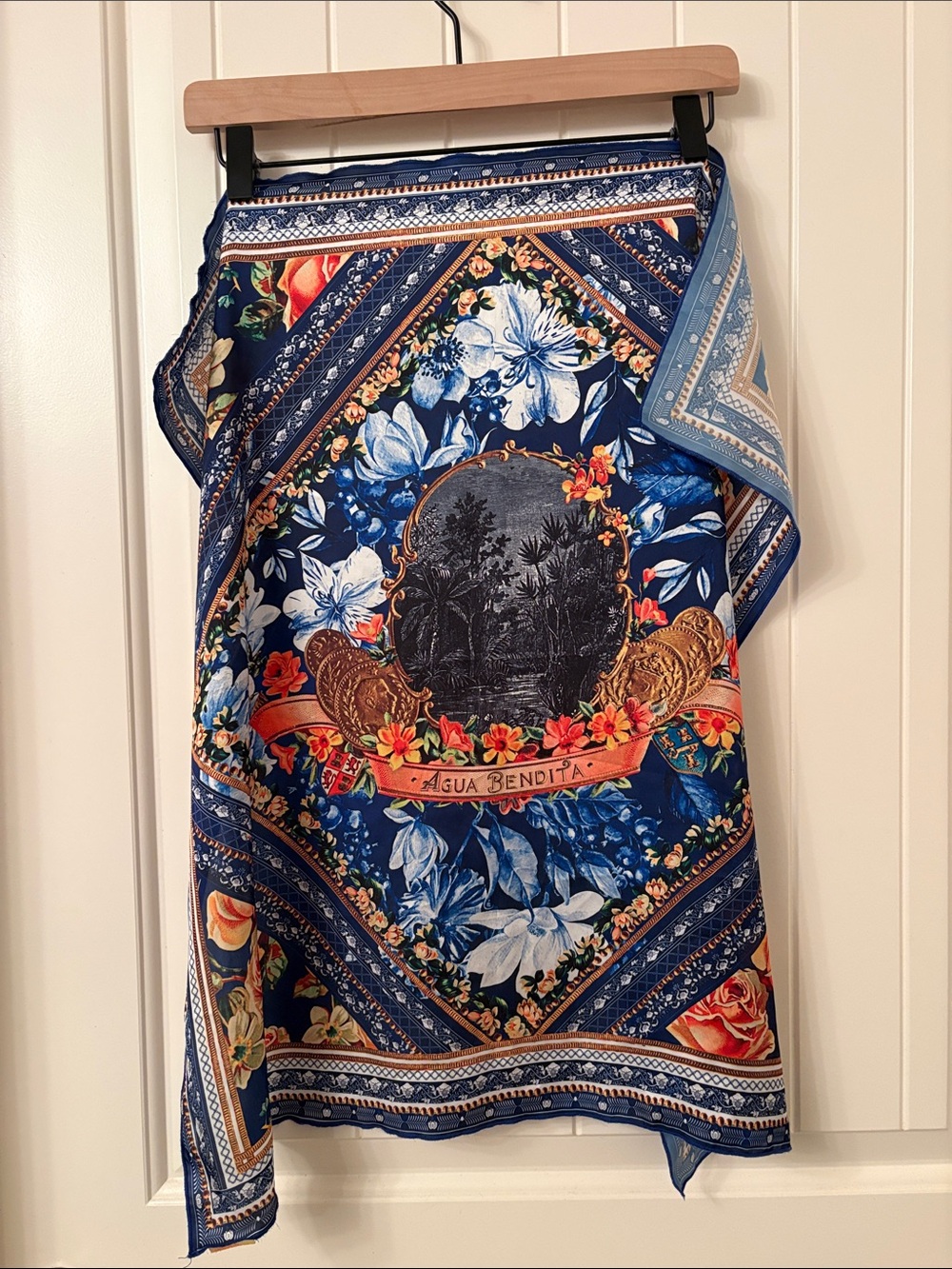 Agua Bendita Navy Blue Floral Square Silky Scarf
